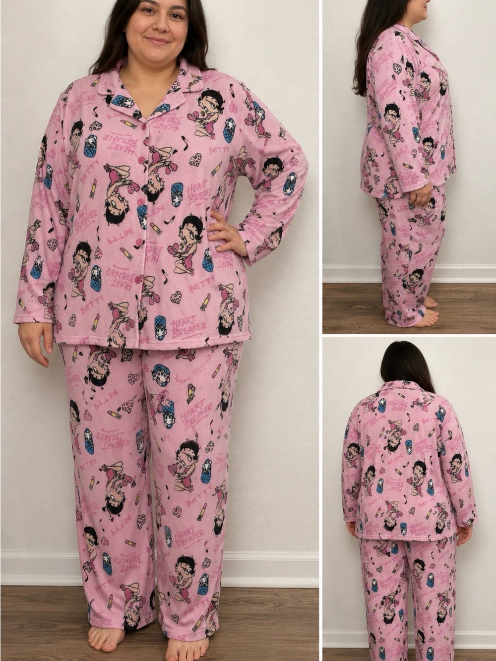 Betty Boop heartbreaker pink fleece pajama set size 2X button front loungewear